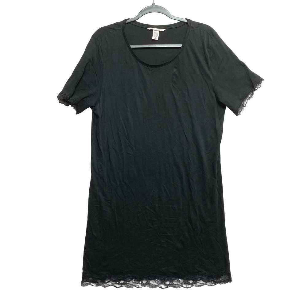 Victoria's Secret Nightgown Sleep Dress Womens M Black Lace Trim Short Sleeve